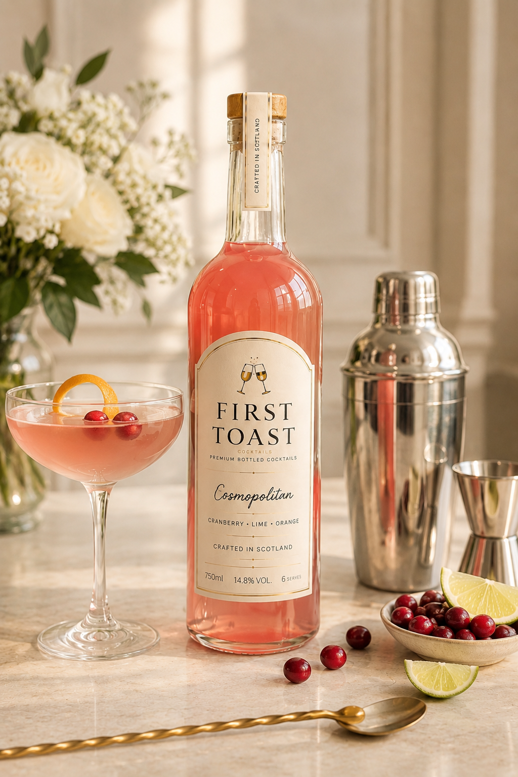 First Toast Cosmopolitan bottle with a finished cocktail