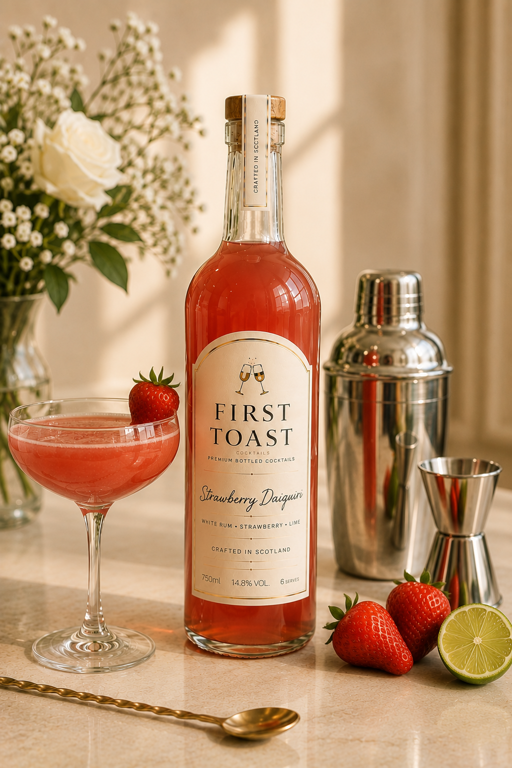 First Toast Strawberry Daiquiri bottle with a finished cocktail