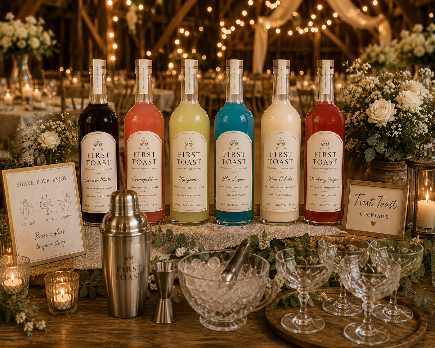 A rustic wedding cocktail station with First Toast bottled cocktails, glassware and flowers