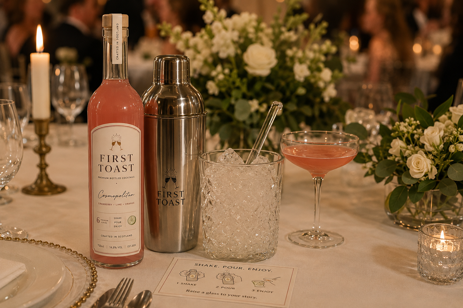 A First Toast bottled cocktail set on a dressed venue table